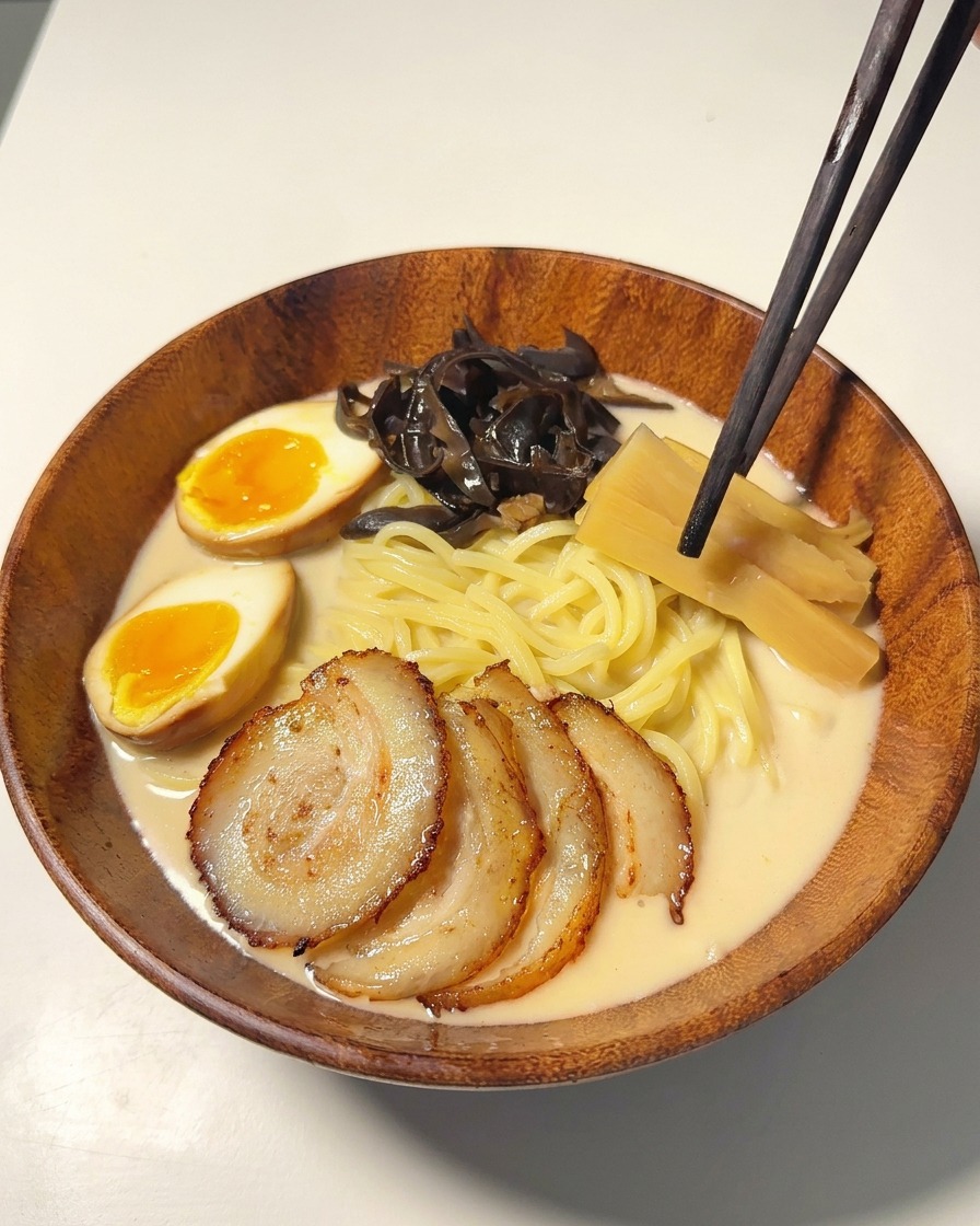 Palillos colocando brotes de bambú en un cuenco junto a setas oreja de madera, cerdo y huevos.