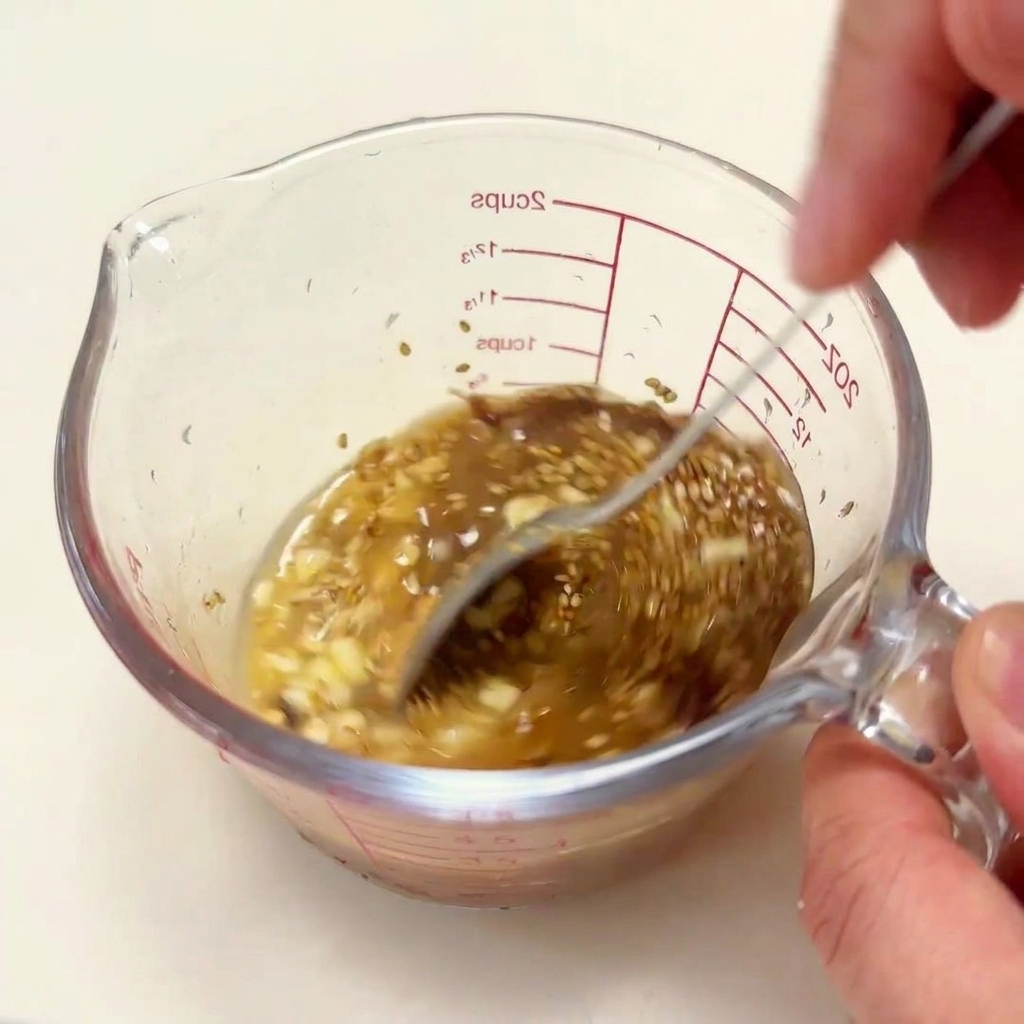 Una mano removiendo la mezcla de caldo caliente, miso y condimentos con una cuchara de metal.