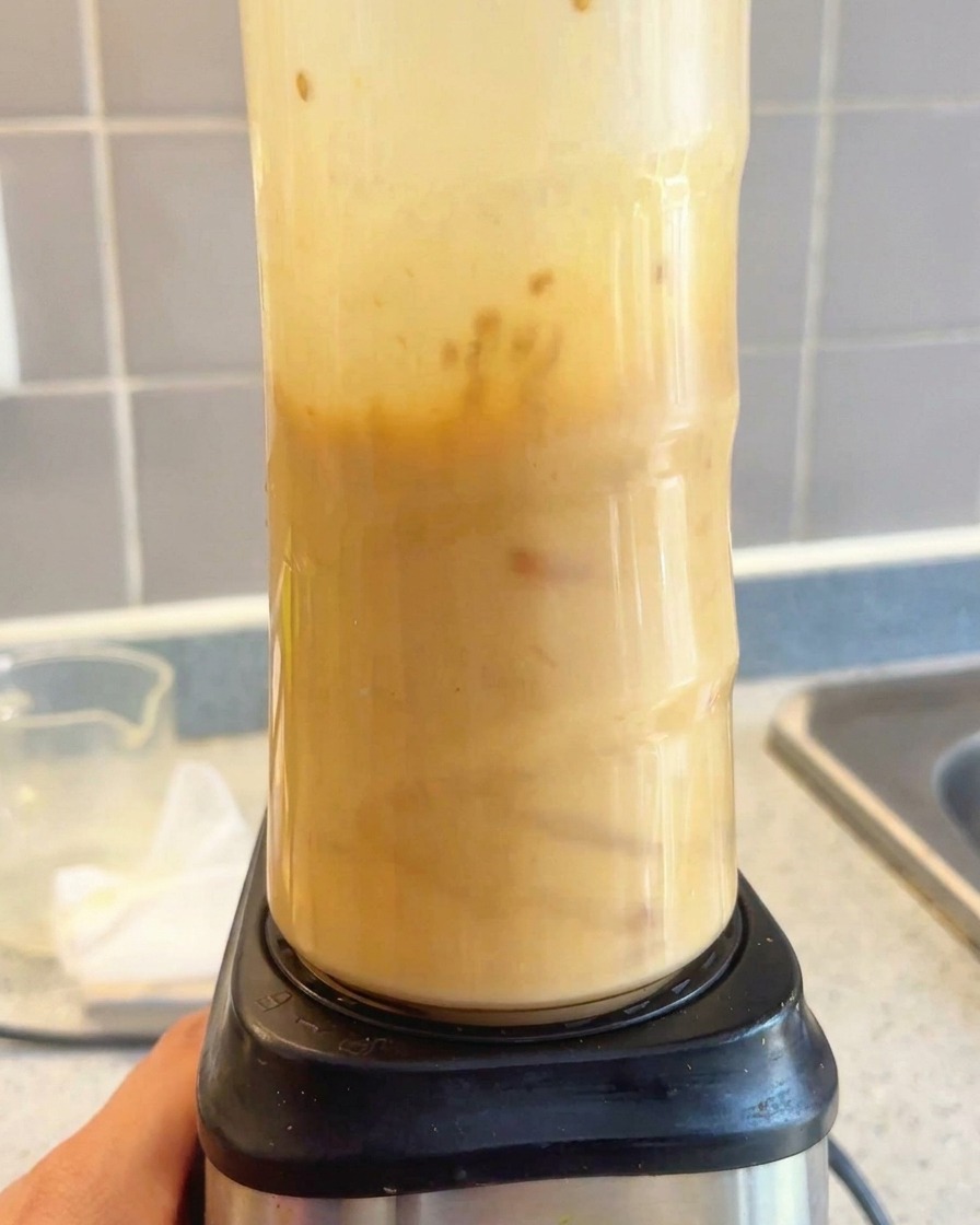 Una base de sopa de ramen cremosa y muy suave dentro del vaso de una batidora eléctrica.