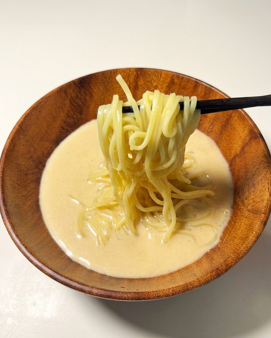 Fideos ramen cocinados siendo acomodados en el caldo cremoso con palillos oscuros.