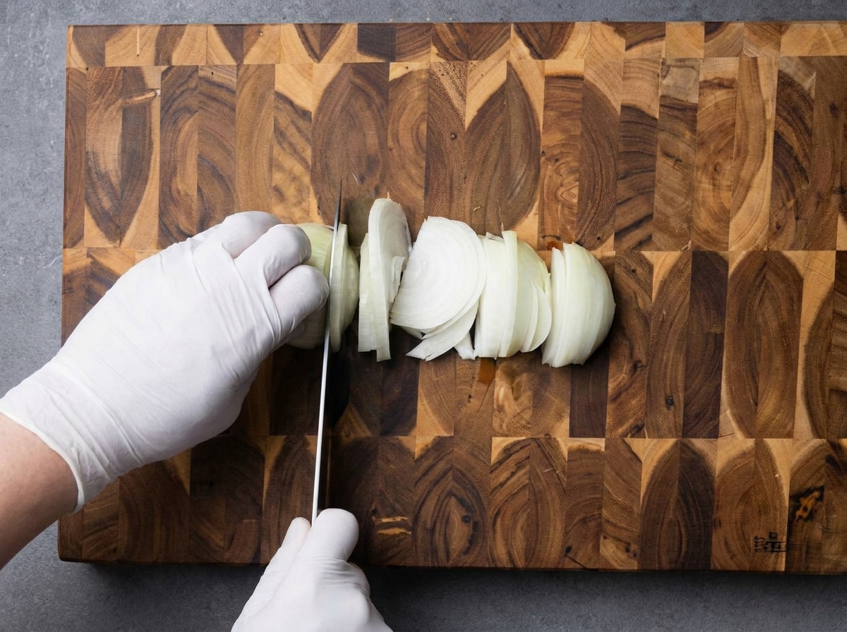 Manos cortando una cebolla blanca en tiras finas con un cuchillo de chef sobre una tabla de madera.