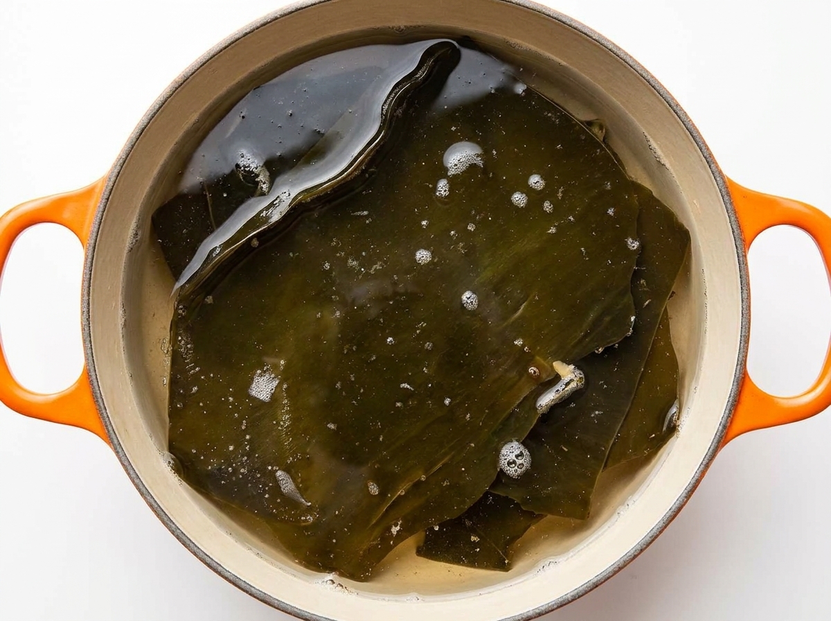 Un trozo grande de alga kombu hirviendo en una olla con agua.