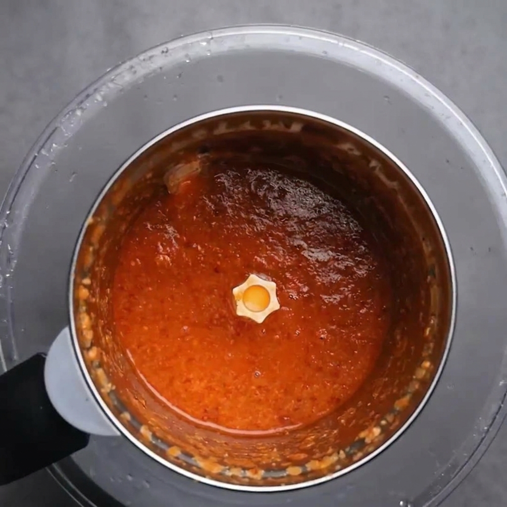 Vista aérea de una batidora con un puré de chile rojo suave y vibrante.