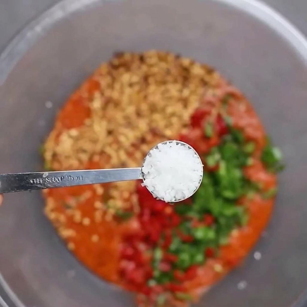 Añadiendo una cucharada de sal marina a un bol con puré de chile, chiles frescos picados y ajo.