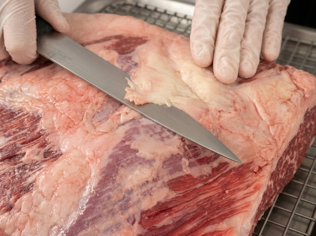 Chef usando un cuchillo para retirar el exceso de grasa exterior de un costillar crudo.