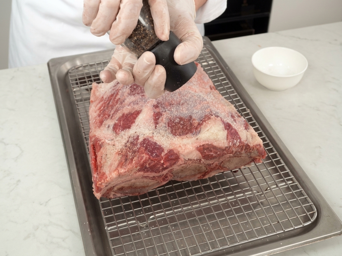 Chef moliendo pimienta negra fresca sobre las costillas colocadas en una rejilla.