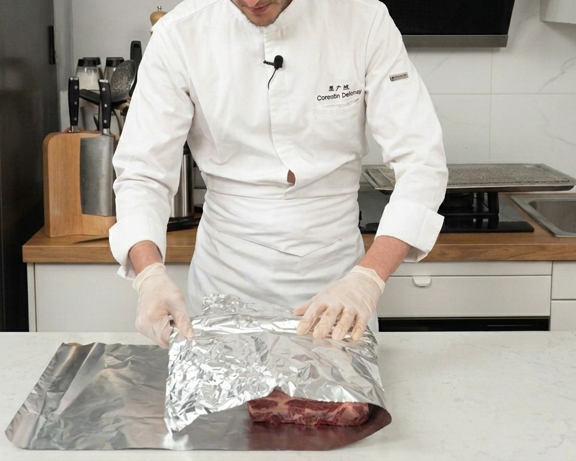 Chef envolviendo herméticamente las costillas de ternera en papel de aluminio grueso.