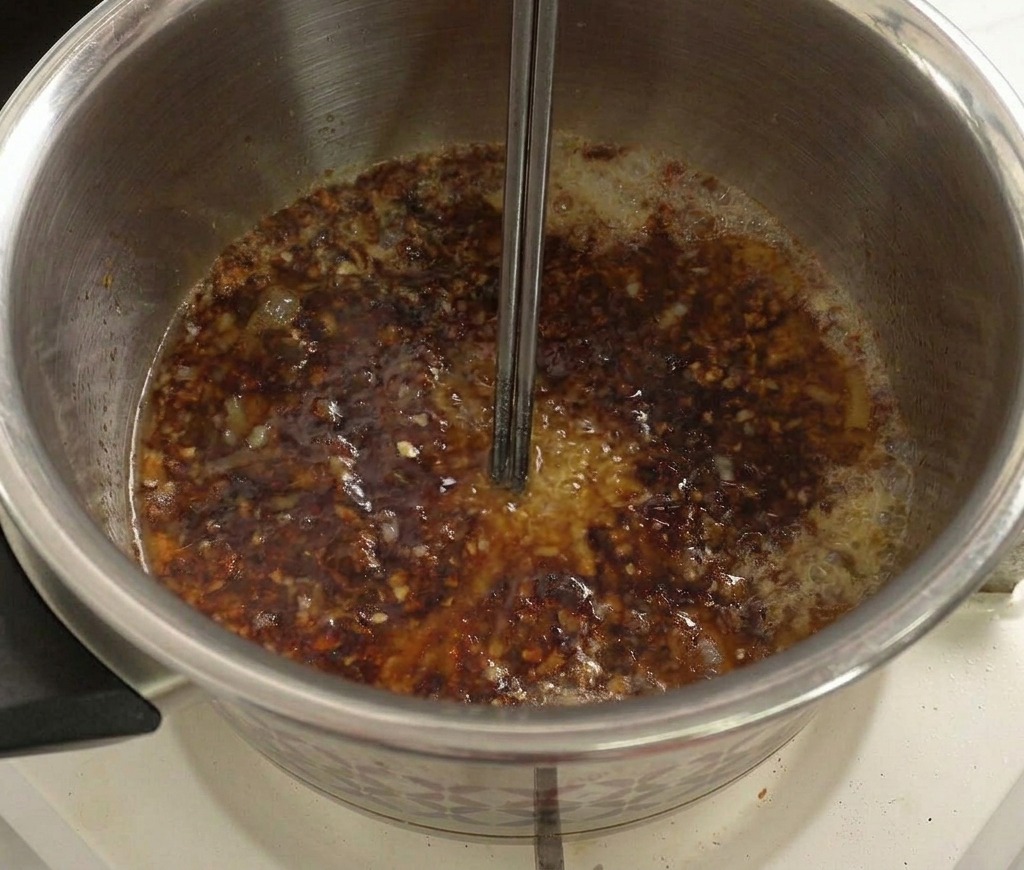 Mezcla líquida oscura burbujeando en una olla mientras se remueve con palillos metálicos.