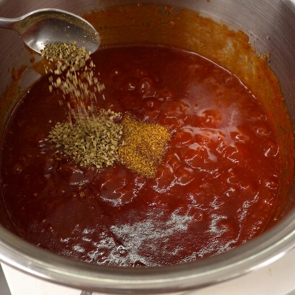 Una cuchara añadiendo especias secas a la salsa roja espesa que hierve en la olla.