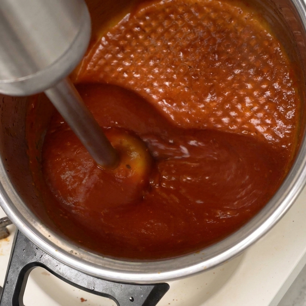 Batidora de mano triturando la salsa barbacoa roja dentro de la olla.