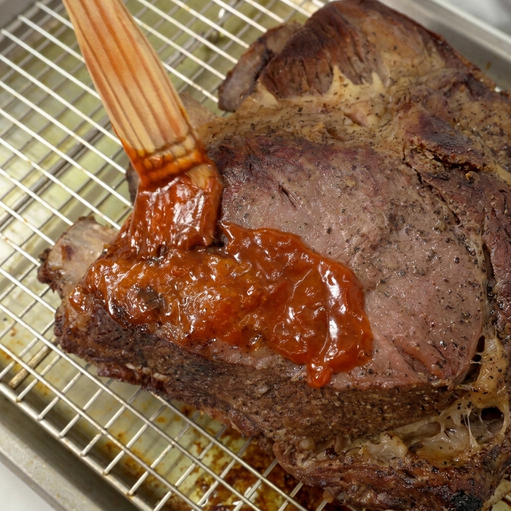 Pincel de cocina extendiendo una capa generosa de salsa barbacoa sobre las costillas asadas.
