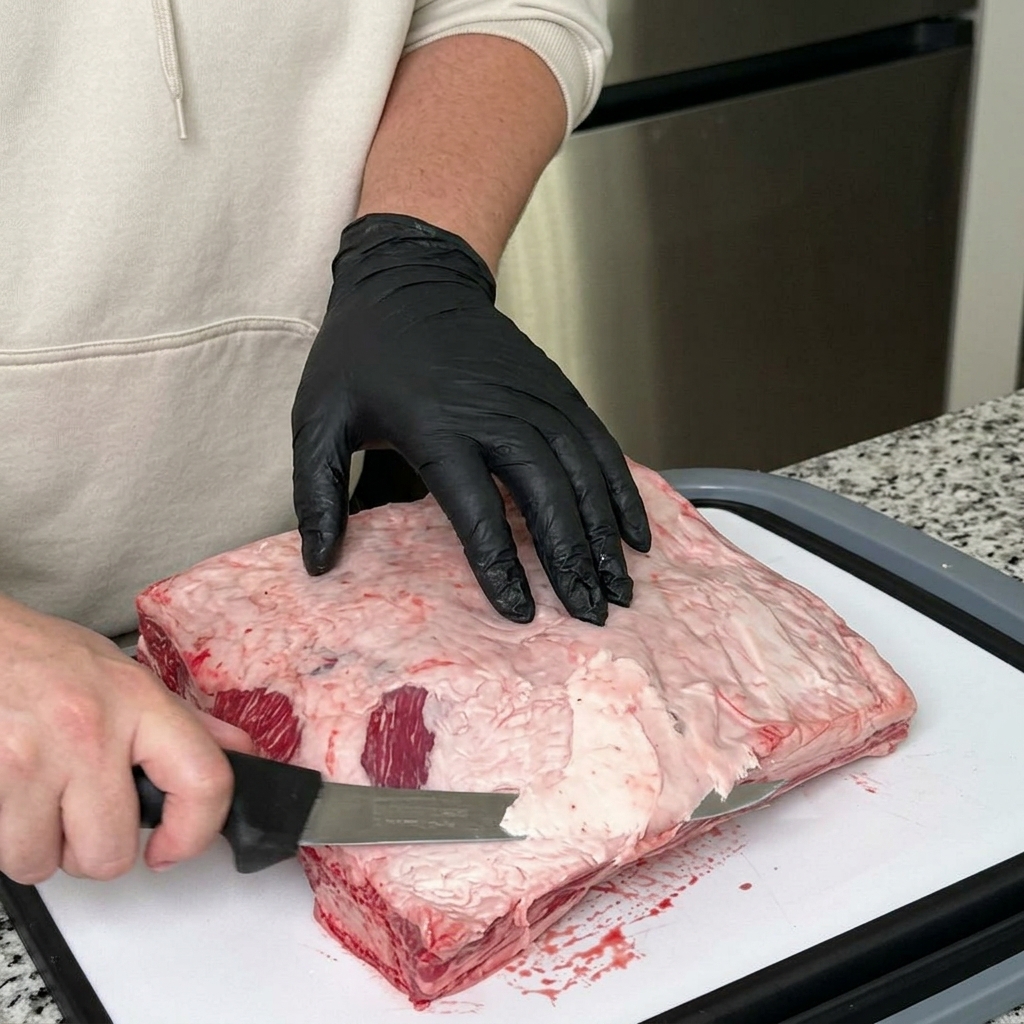 Persona con guantes negros usando un cuchillo afilado para recortar la grasa del borde de un costillar de res crudo.