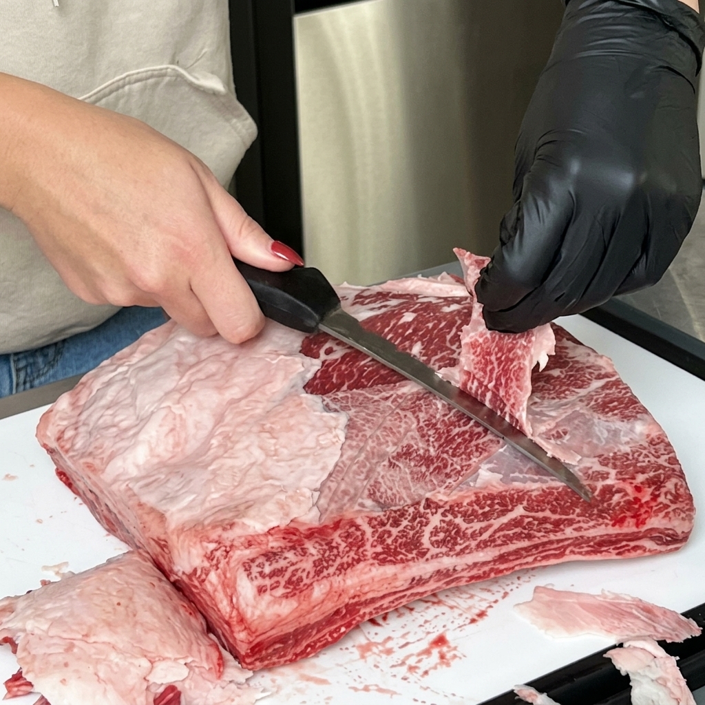 Primer plano de manos retirando una fina capa de membrana y grasa de la parte superior de las costillas de res.