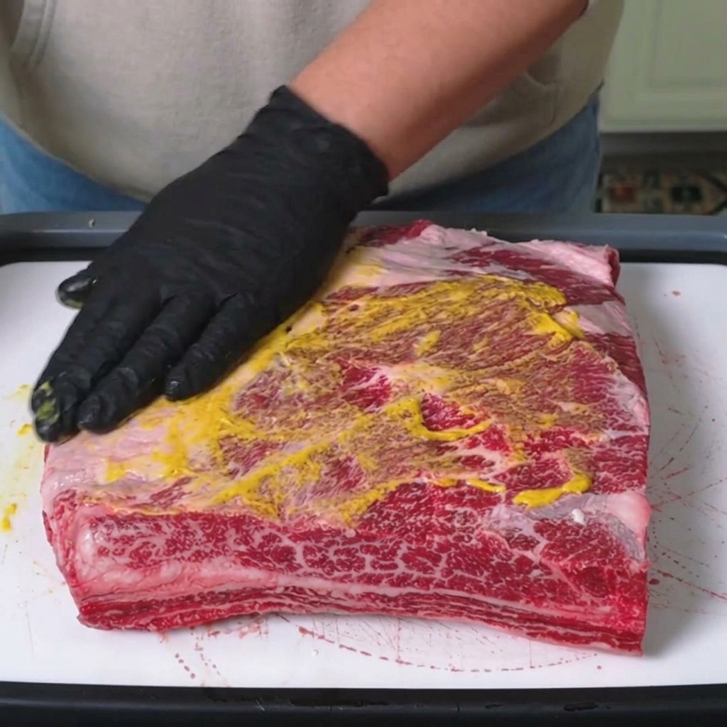 Mano con guante frotando mostaza amarilla sobre la superficie de un costillar de res crudo.