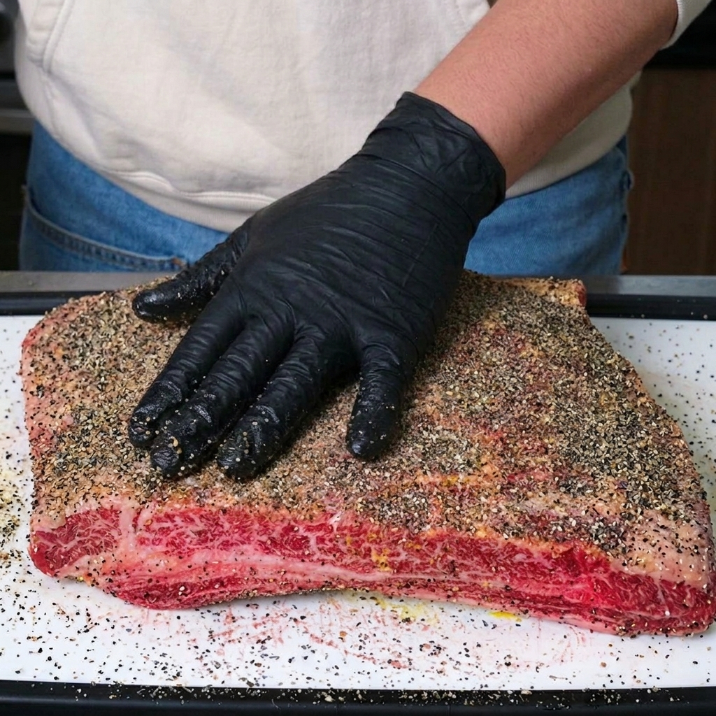 Mano con guante negro presionando el condimento sobre las costillas para que se adhiera la sal y la pimienta.