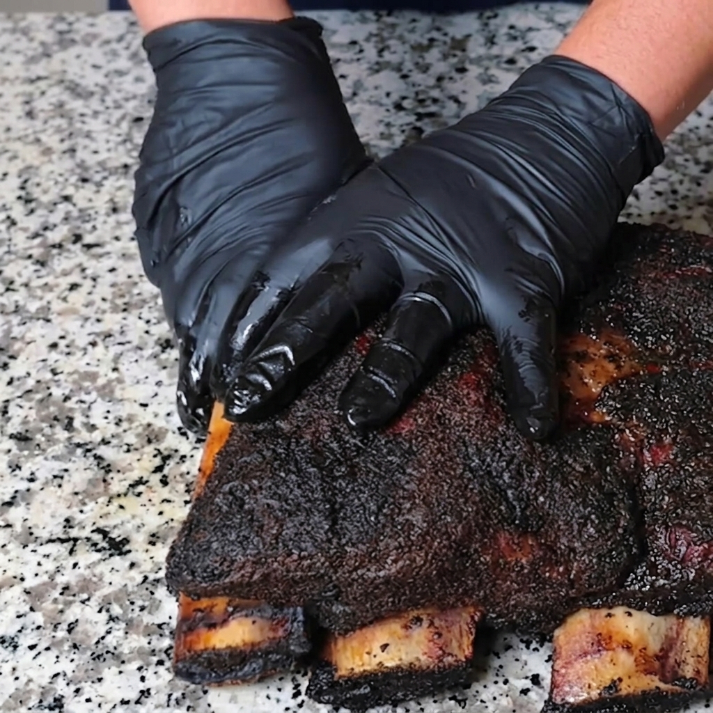 Manos con guantes negros sobre la superficie oscura de unas costillas de res ahumadas sobre un mostrador.