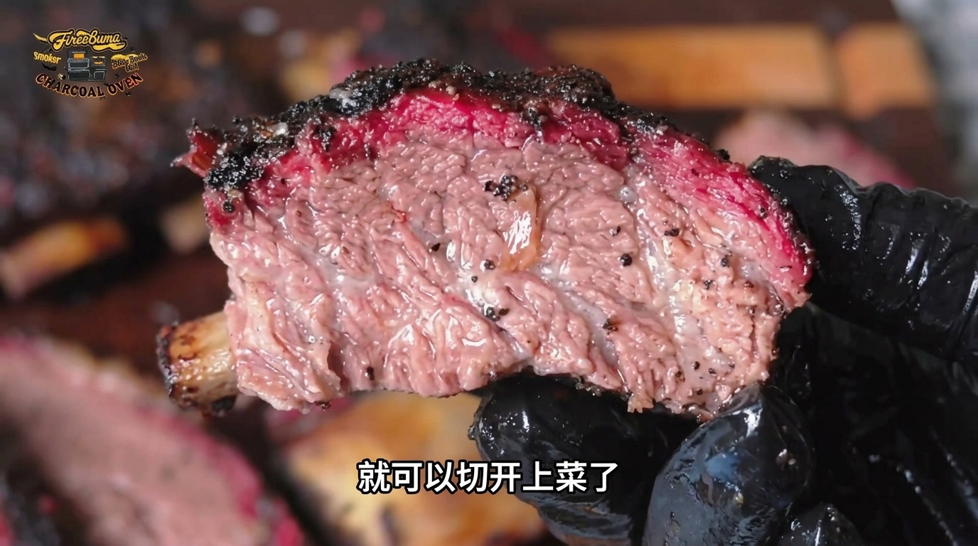 Una costilla de res ahumada al estilo Texas cortada, mostrando una costra de pimienta espesa y un pronunciado anillo de humo rojizo.