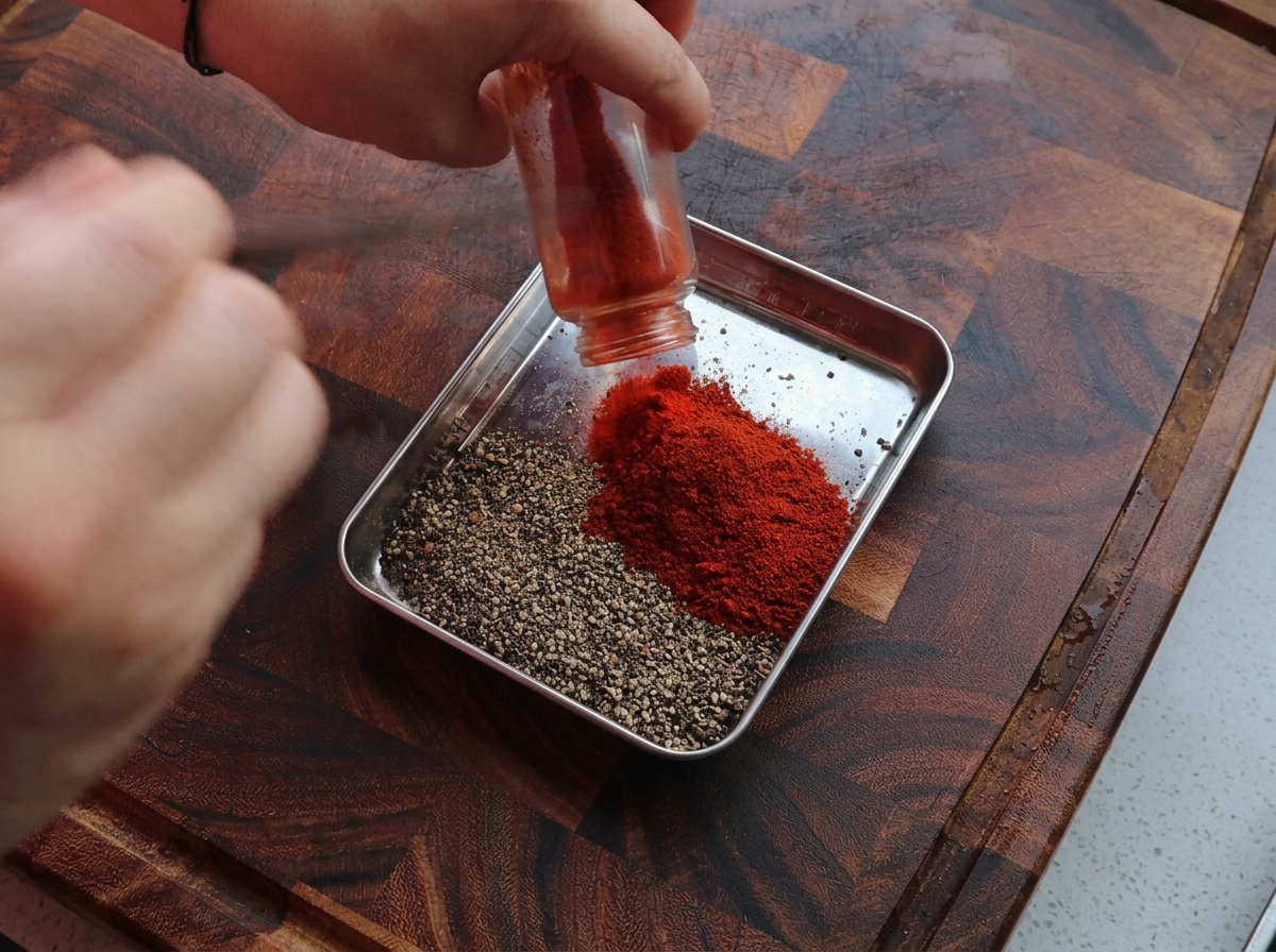 Manos vertiendo pimentón ahumado rojo desde un frasco pequeño en una bandeja de metal con pimienta negra gruesa.