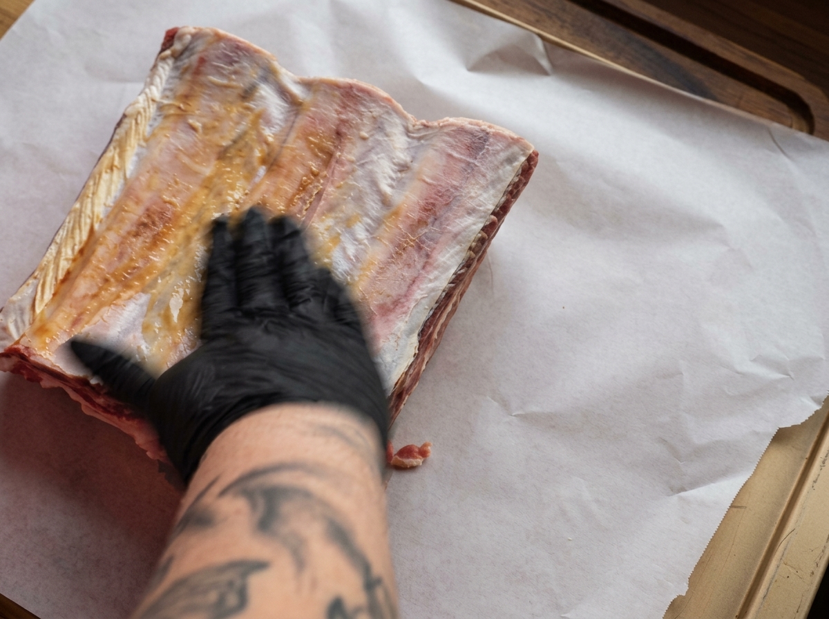 Persona con guantes negros frotando un aglutinante líquido de mostaza y salsa Worcestershire sobre un corte grande de costillas de res crudas.