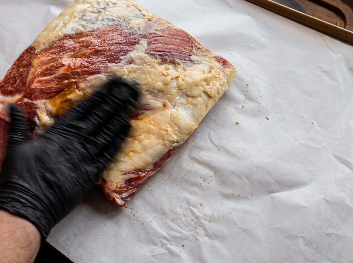 Mano enguantada frotando una capa de mostaza amarilla y salsa oscura sobre una costilla de res cruda sobre papel para hornear.
