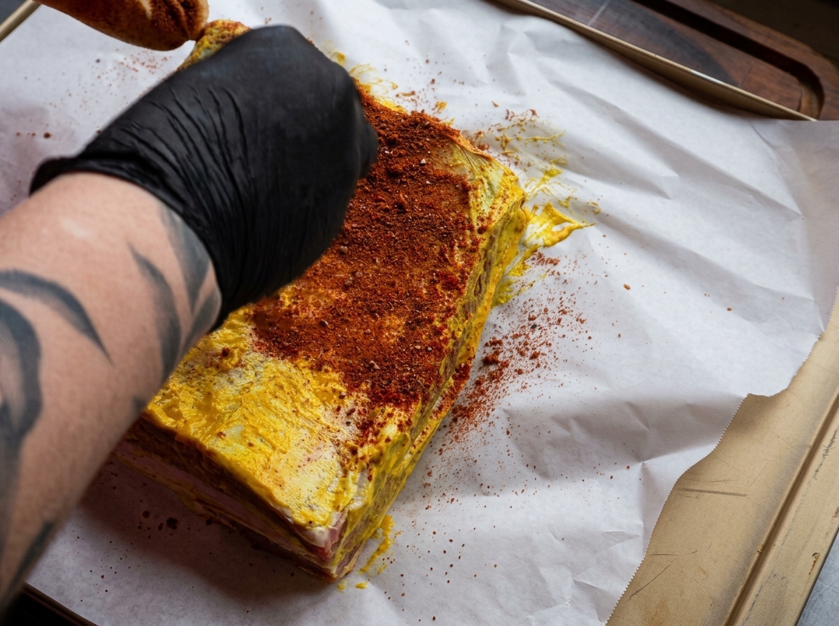 Mano con guante espolvoreando y presionando una mezcla de especias rojas sobre una costilla de res cubierta de mostaza.