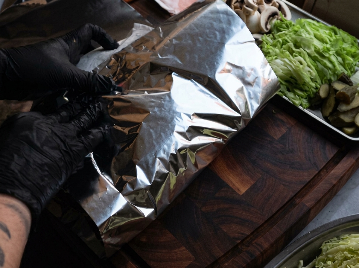 Manos con guantes negros doblando papel de aluminio apretadamente alrededor de las costillas ya envueltas en papel de horno.