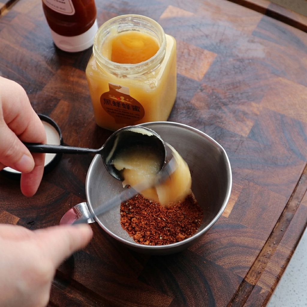 Una cucharada de miel espesa cayendo en una taza medidora llena de especias rojas.