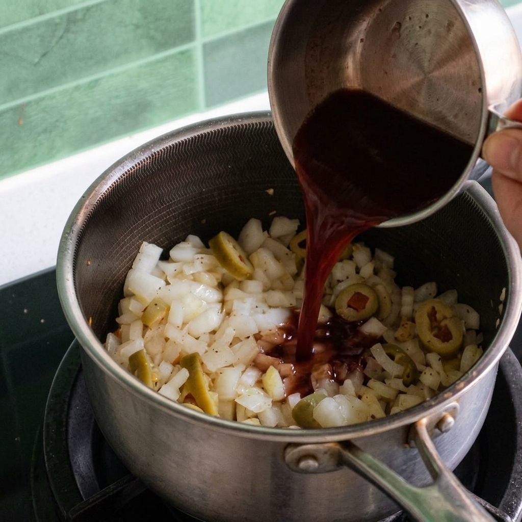 Vertiendo una mezcla de salsa BBQ roja oscura desde una taza medidora a una olla con cebollas y jalapeños.