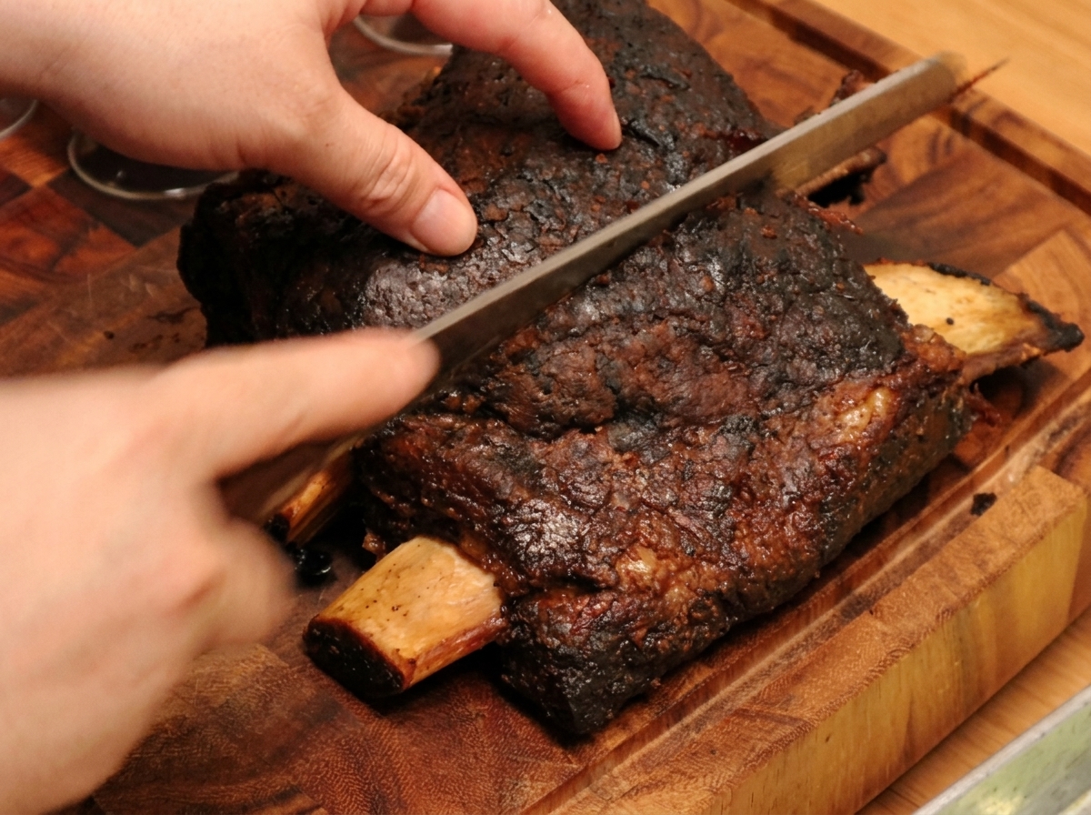 Cortando una costilla de res grande asada con una costra oscura sobre una tabla de madera.