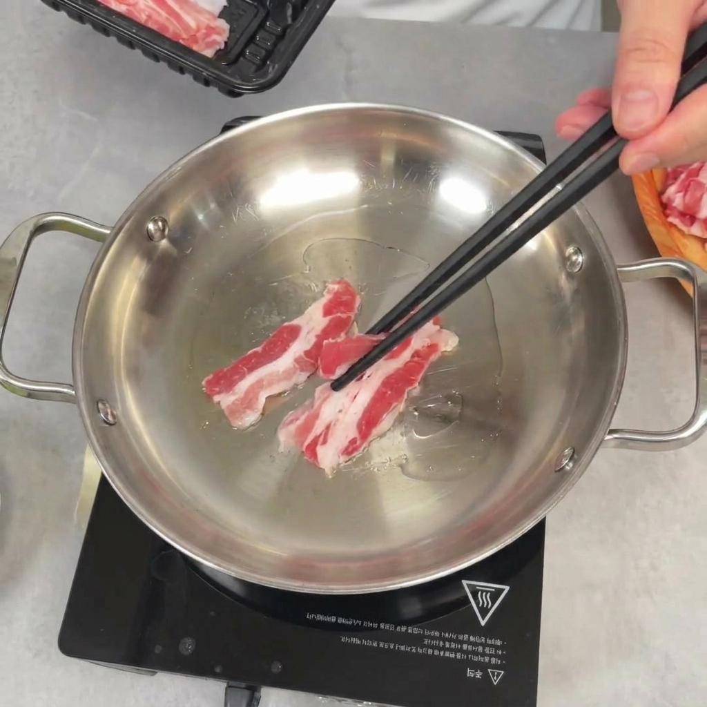 Usando palillos para colocar rodajas de panceta cruda en una sartén de acero inoxidable.
