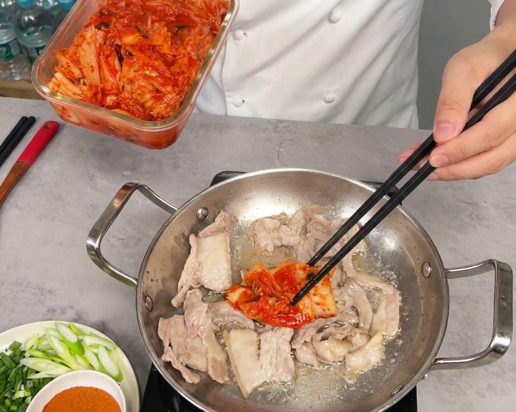 Transfiriendo una porción generosa de kimchi rojo picado de un recipiente de vidrio a la sartén con la panceta de cerdo dorada.