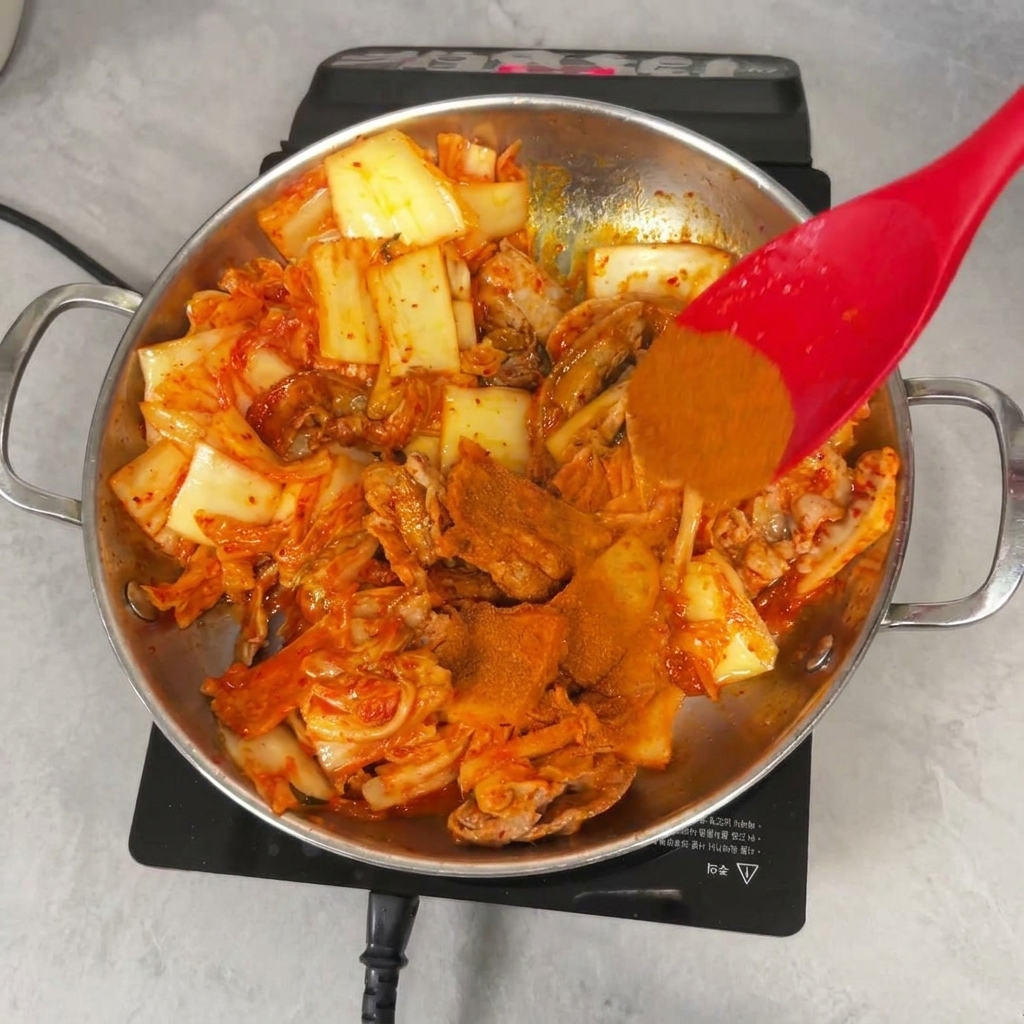 Una espátula roja mezclando polvo de chile rojo brillante en una sartén con kimchi cocido y cerdo en rodajas.