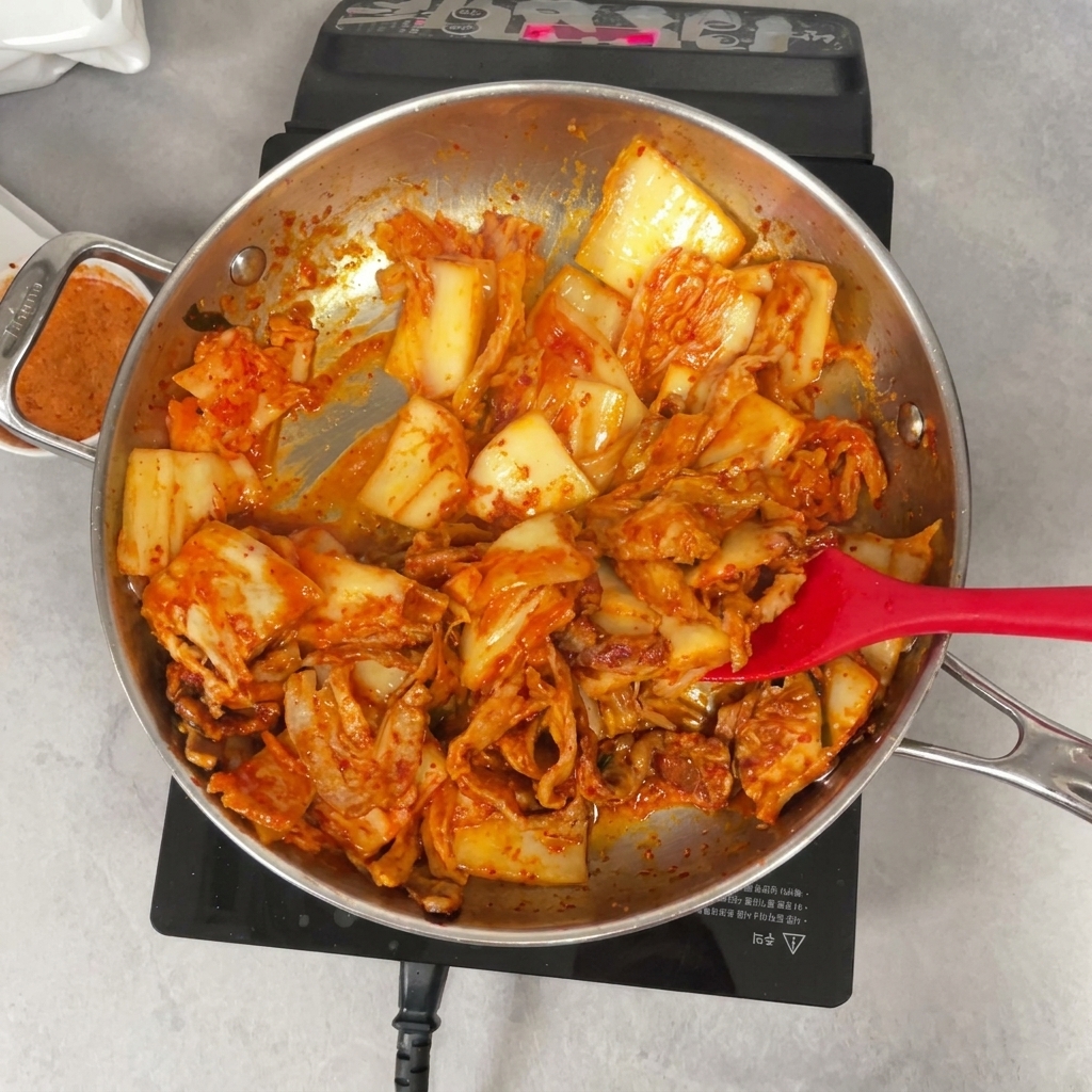 Usando una espátula roja para remover la mezcla de panceta, kimchi y chile en polvo en una sartén.