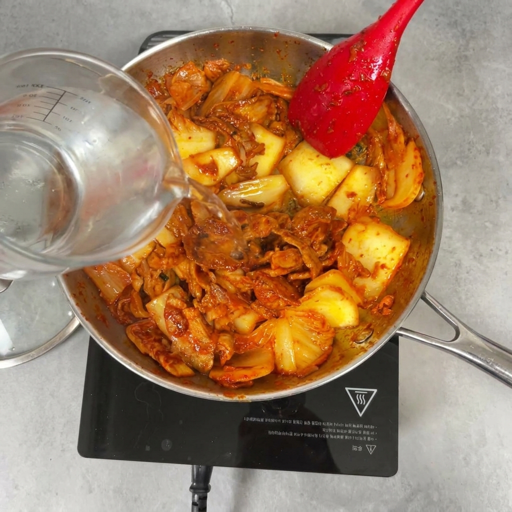 Vertiendo agua de una taza medidora de vidrio sobre una mezcla picante de kimchi y cerdo en una sartén de acero inoxidable.
