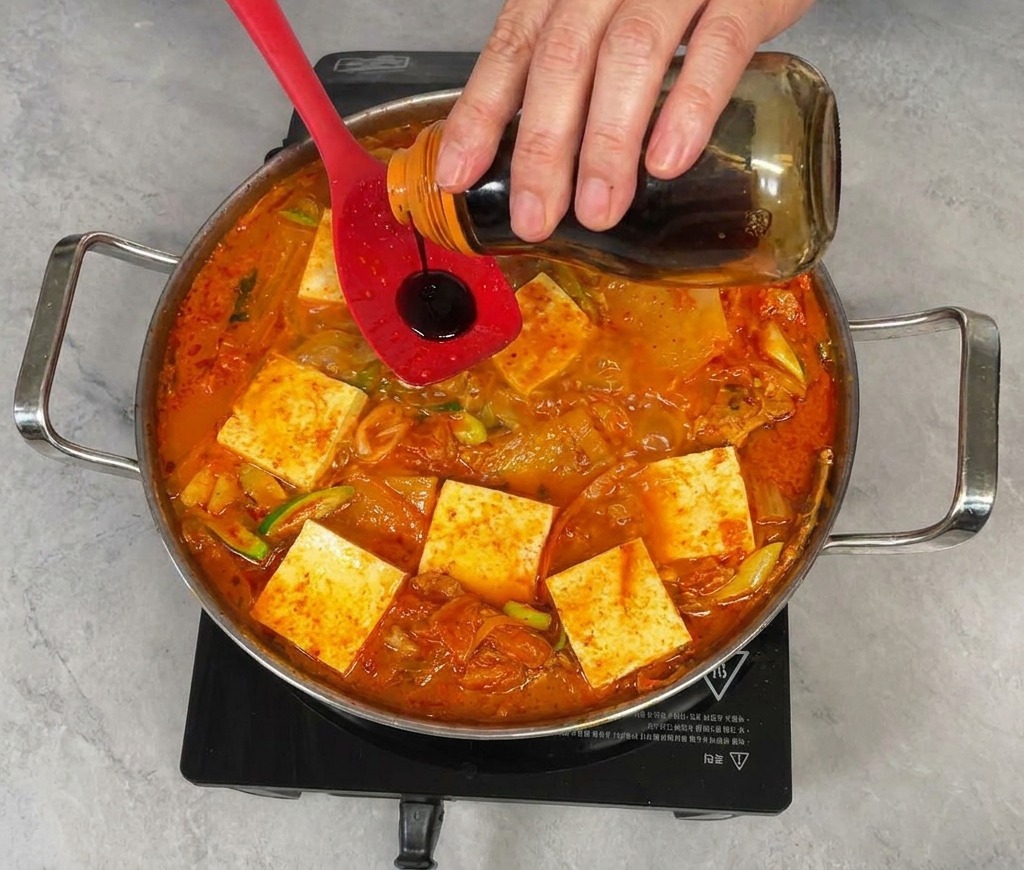 Un chef vertiendo condimento líquido oscuro de una botella de vidrio en una cuchara de silicona roja sostenida sobre una sartén de estofado de kimchi burbujeante.