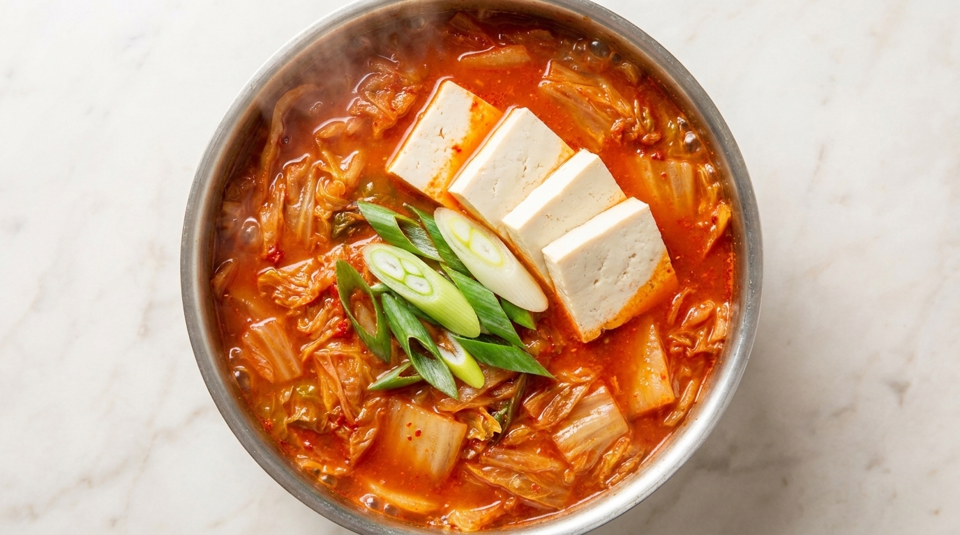Una olla burbujeante de auténtico estofado coreano de kimchi rebosante de tierna panceta de cerdo, tofu sedoso y cebolletas frescas.