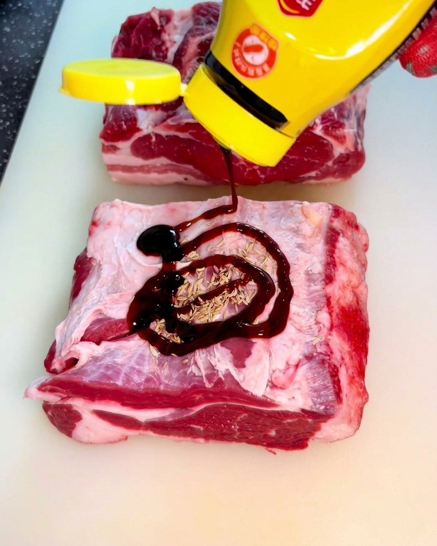 Salsa de ostras oscura y espesa cayendo sobre una pieza de carne cruda.