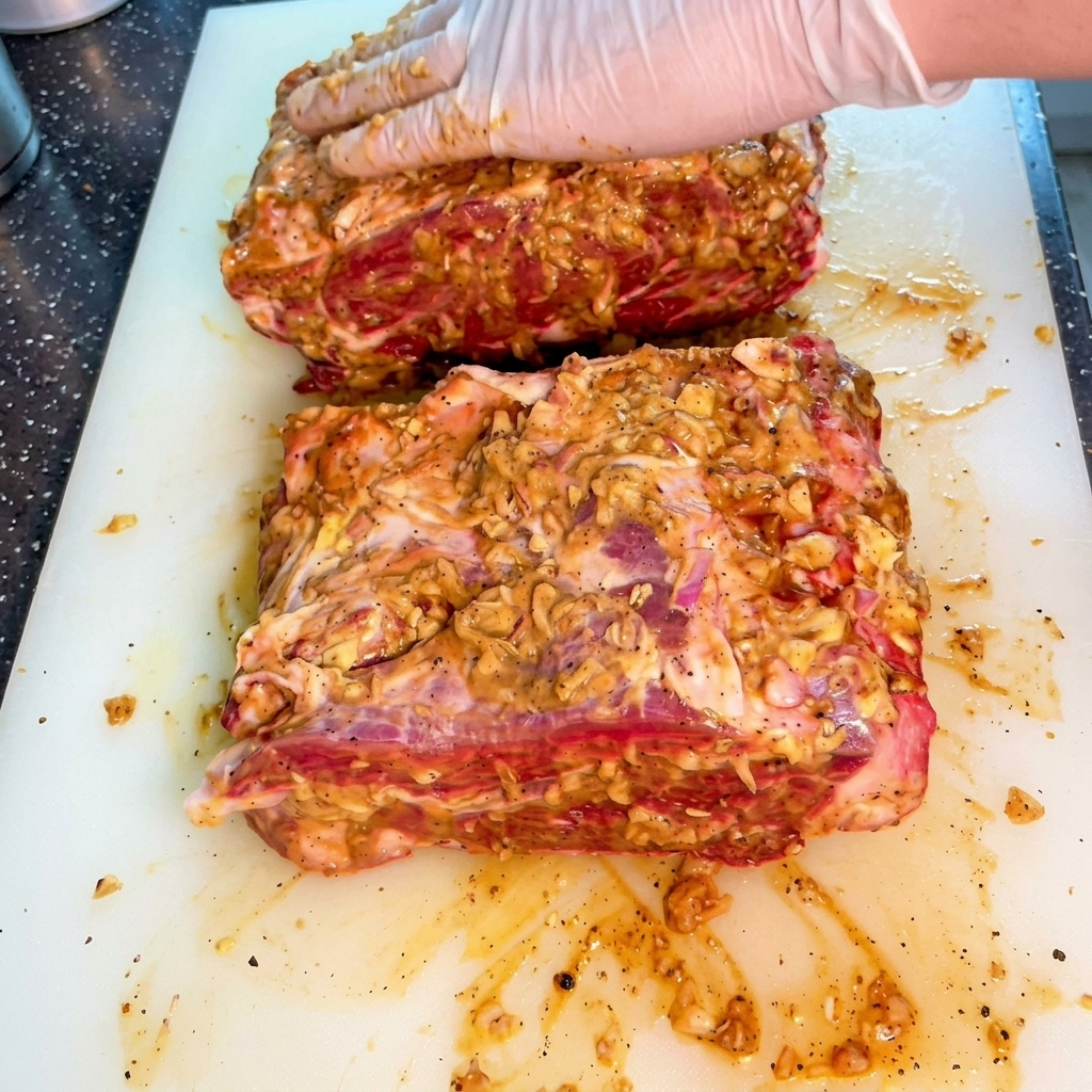 Manos con guantes masajeando una marinada oscura en grandes cortes de carne sobre una tabla blanca.