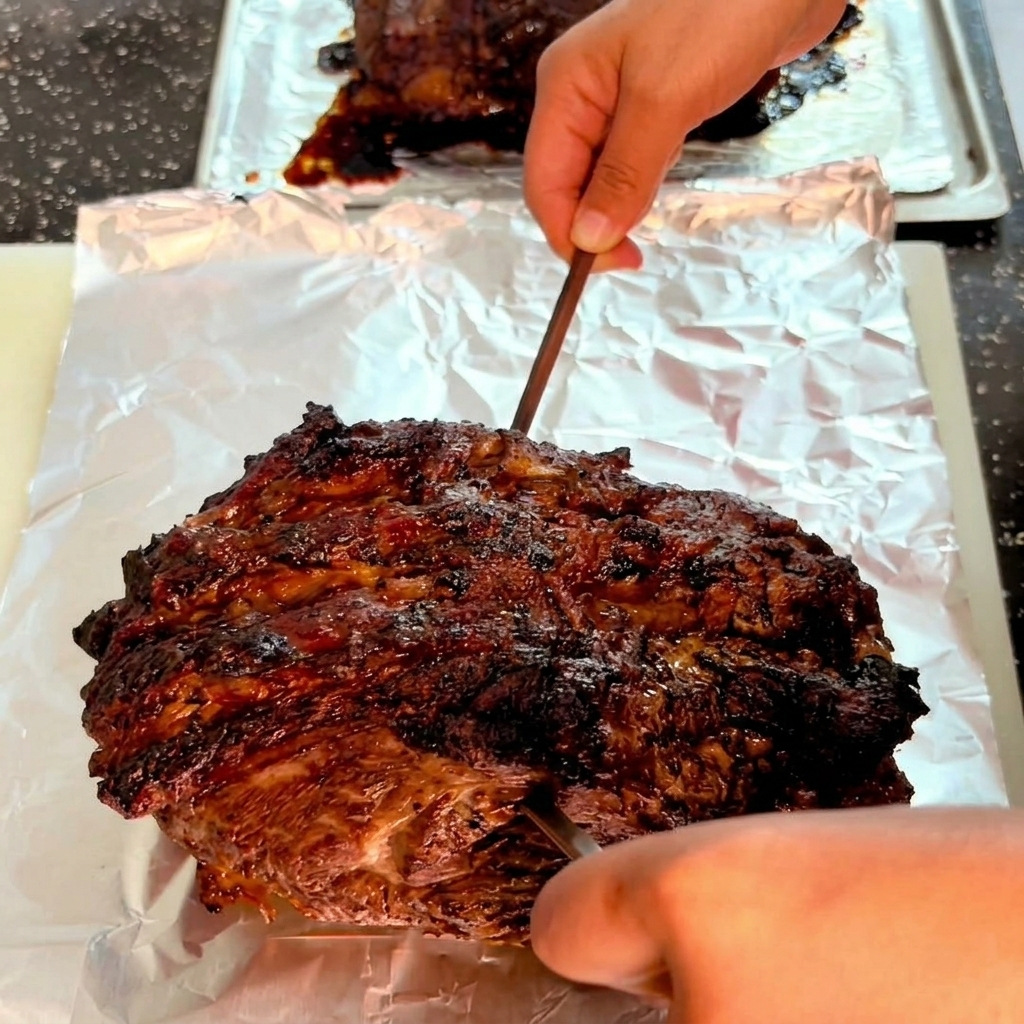 Aguja de ternera parcialmente asada siendo pinchada con una brocheta metálica en una bandeja con papel de aluminio.