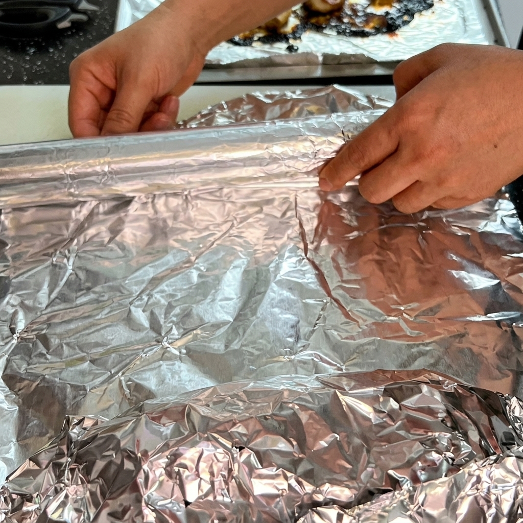 Manos desenrollando papel de aluminio para envolver una pieza de carne asada.