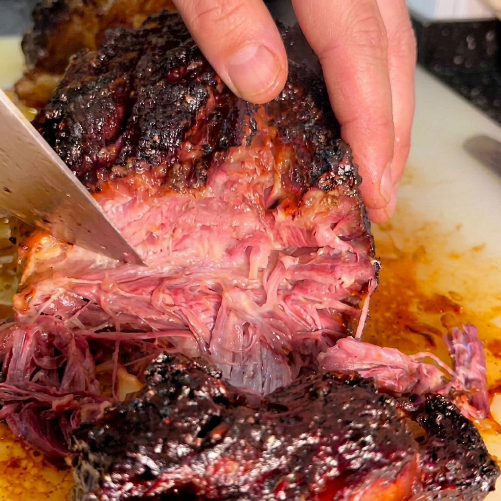 Un cuchillo afilado cortando carne asada oscura, revelando un interior tierno, rosado y jugoso.