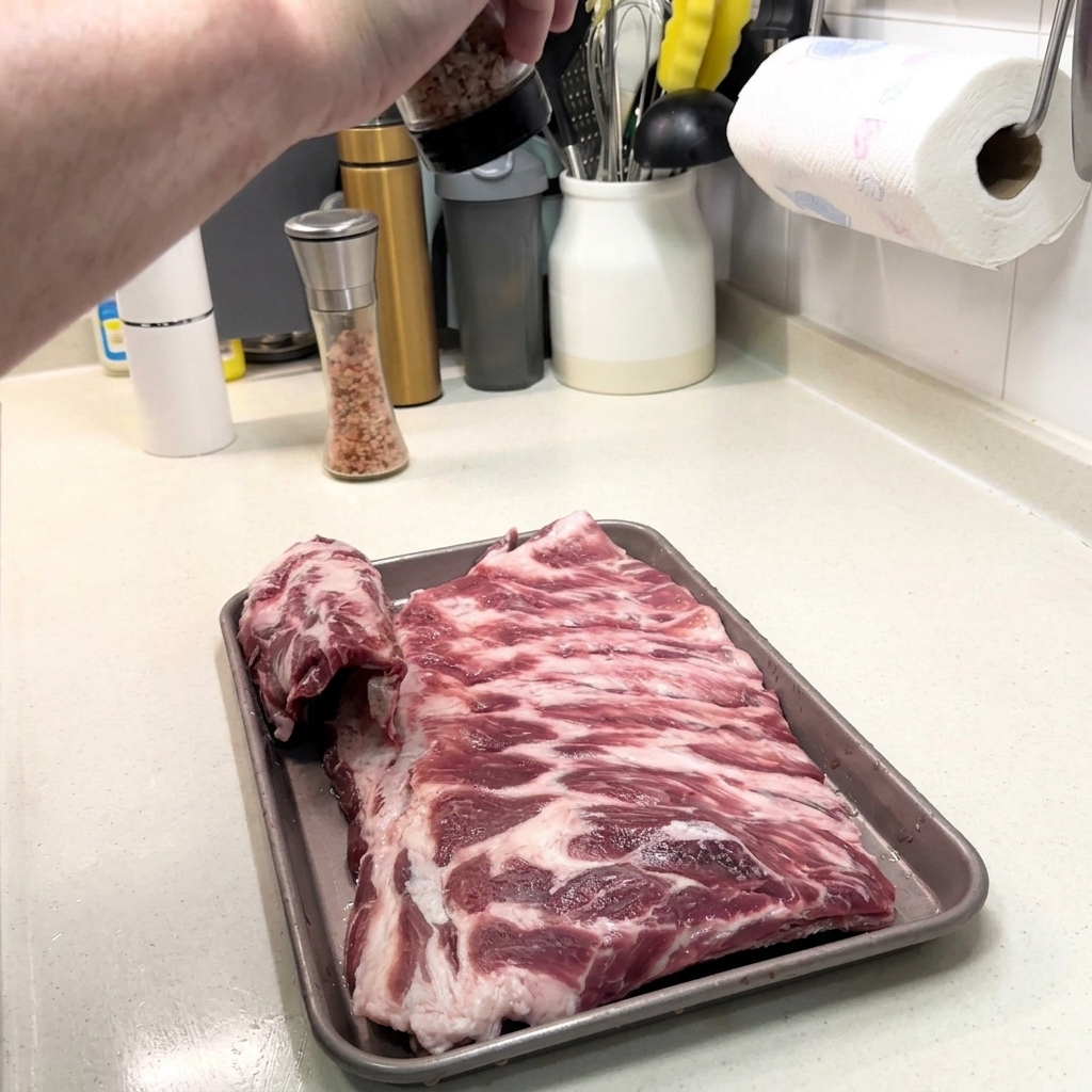 Una mano usando un molinillo para espolvorear sal y pimienta negra sobre un costillar de cerdo crudo en una bandeja metálica.