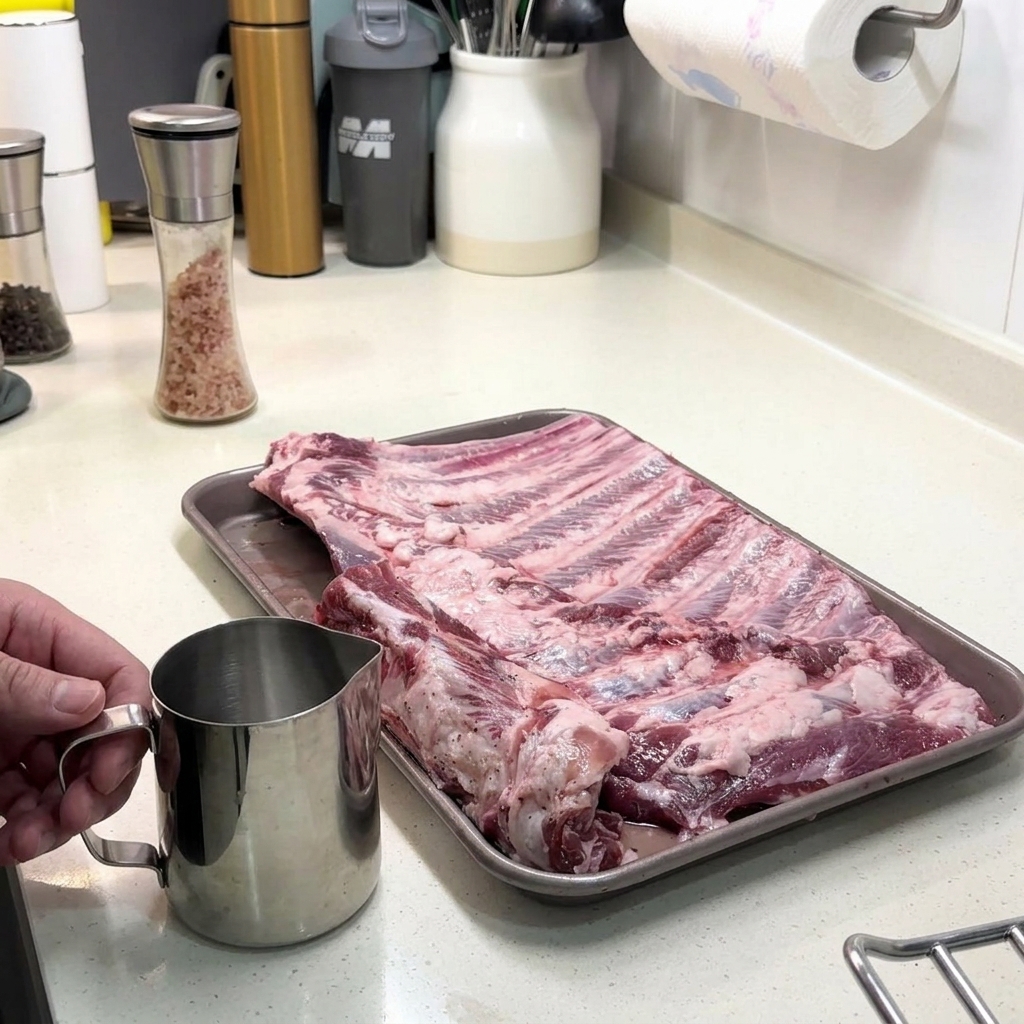 Una pequeña jarra de metal junto a las costillas sazonadas, lista para verter vinagre sobre la carne.