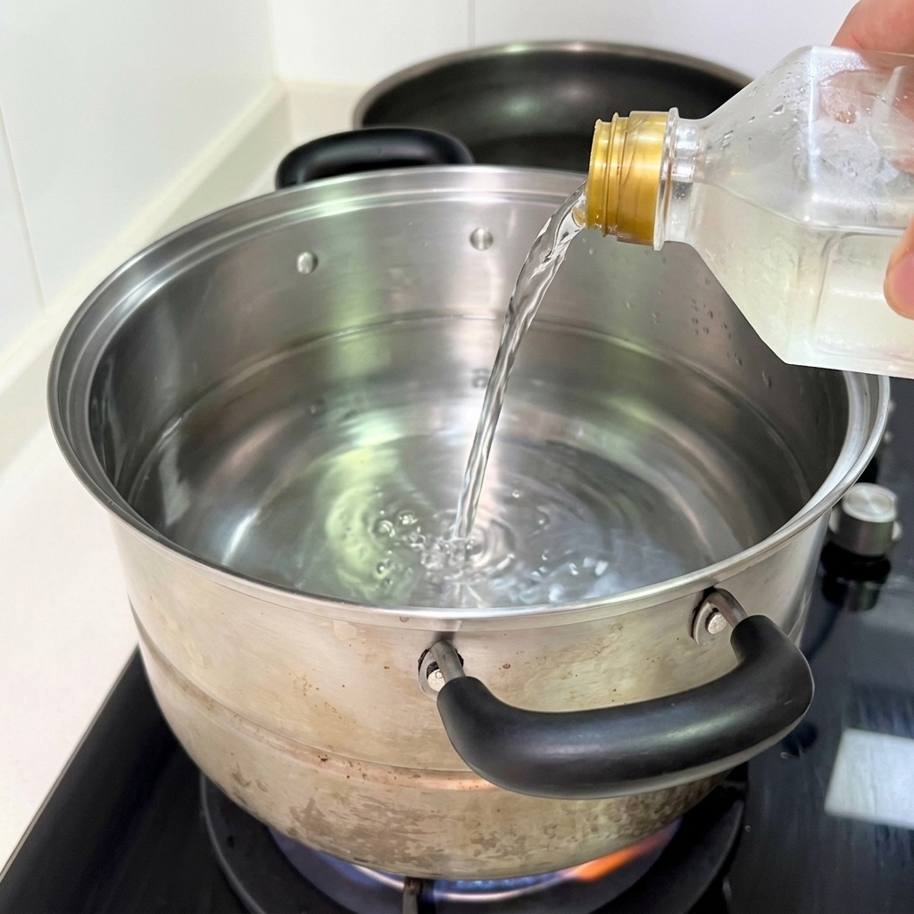 Líquido transparente vertiéndose de una botella a una olla de acero inoxidable con agua en la estufa.