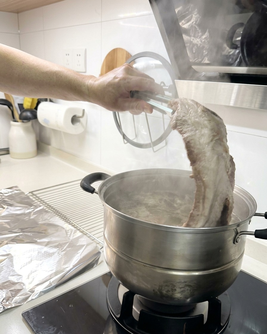 Una mano usando pinzas de metal para sacar un costillar largo y opaco de una olla humeante.