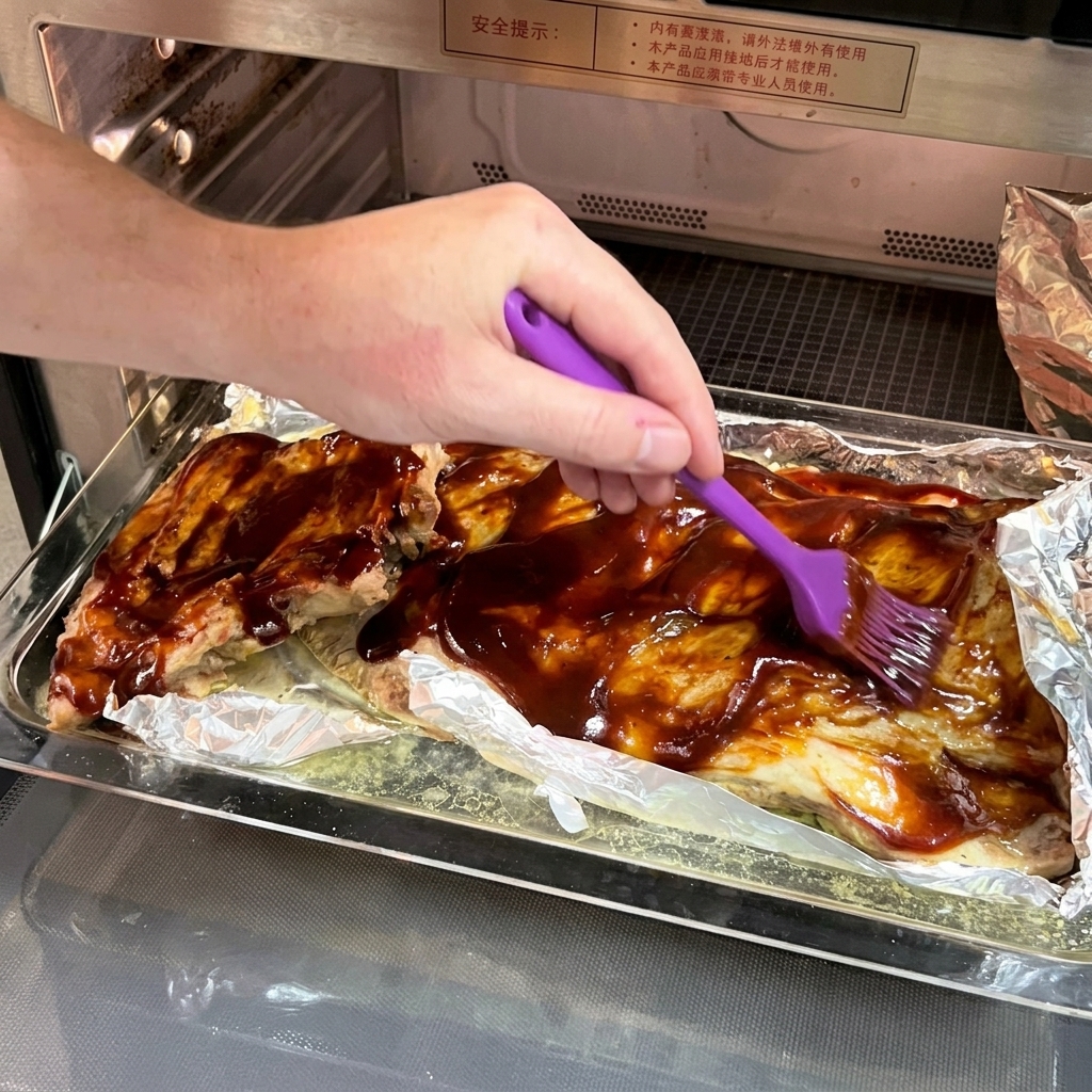 Una mano con una brocha de silicona extendiendo salsa BBQ oscura sobre las costillas horneadas.