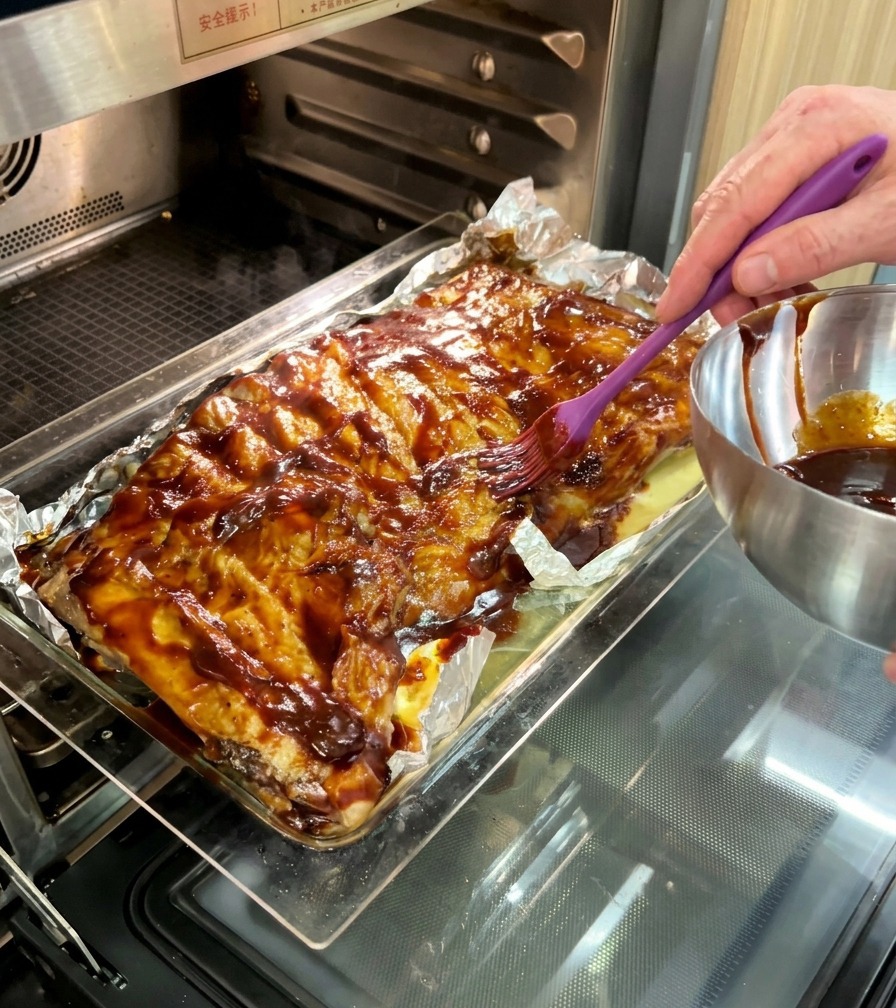 Una persona deslizando una bandeja de costillas cubiertas de salsa BBQ rojiza en un horno profesional.
