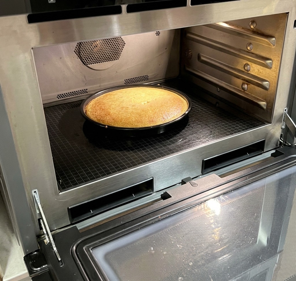 Un pan de maíz dorado en un molde circular dentro del horno, listo para ser probado.