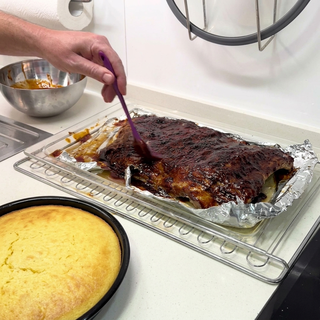 Una mano aplicando una capa final de salsa BBQ brillante a un costillar sobre una rejilla.