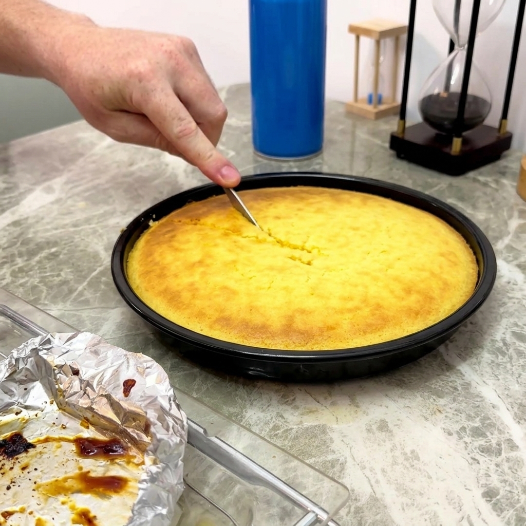 Una mano usando un cuchillo para cortar el pan de maíz amarillo en cuñas triangulares.